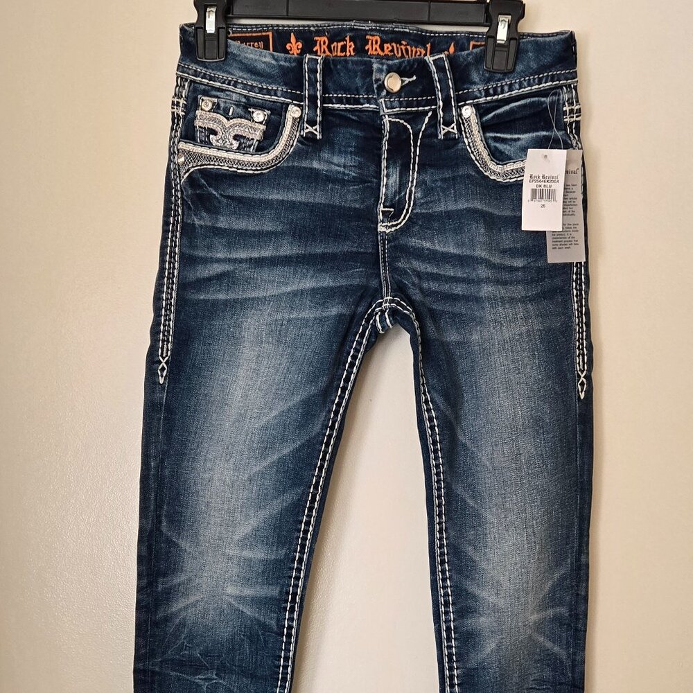 Rock Revival Barrey Embroidered Easy Ankle Crop Skinny Dark Blue Jeans Size 25